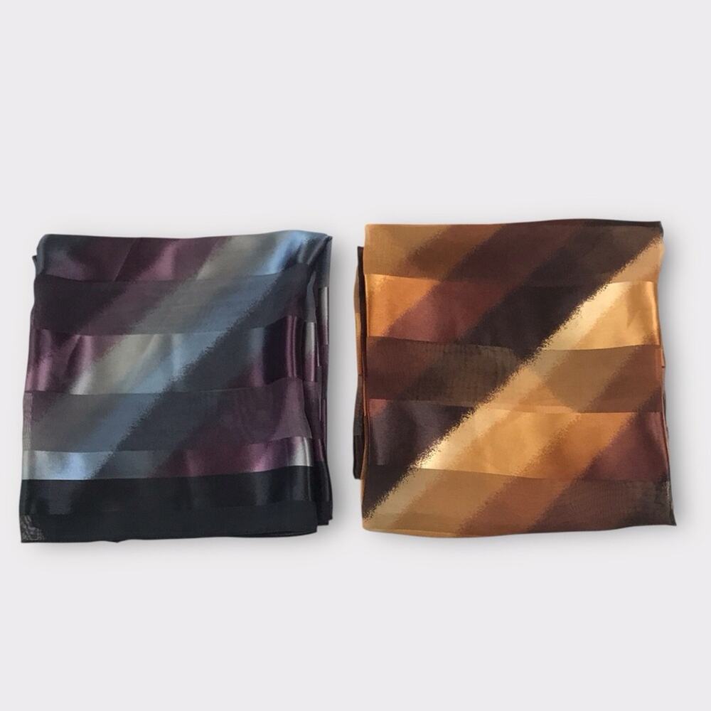 Set 2 Satin Square Scarves Gold Brown Purple Blue & Black by CitySilkCo